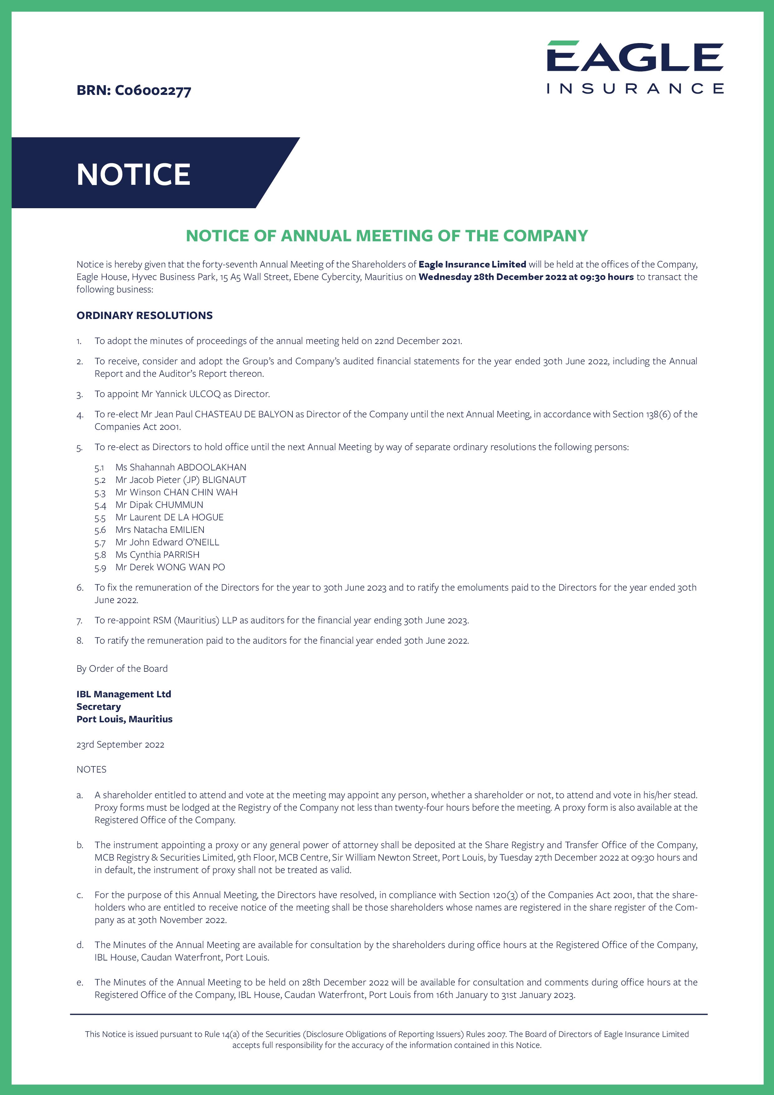 NOTICE OF ANNUAL MEETING OF THE COMPANY