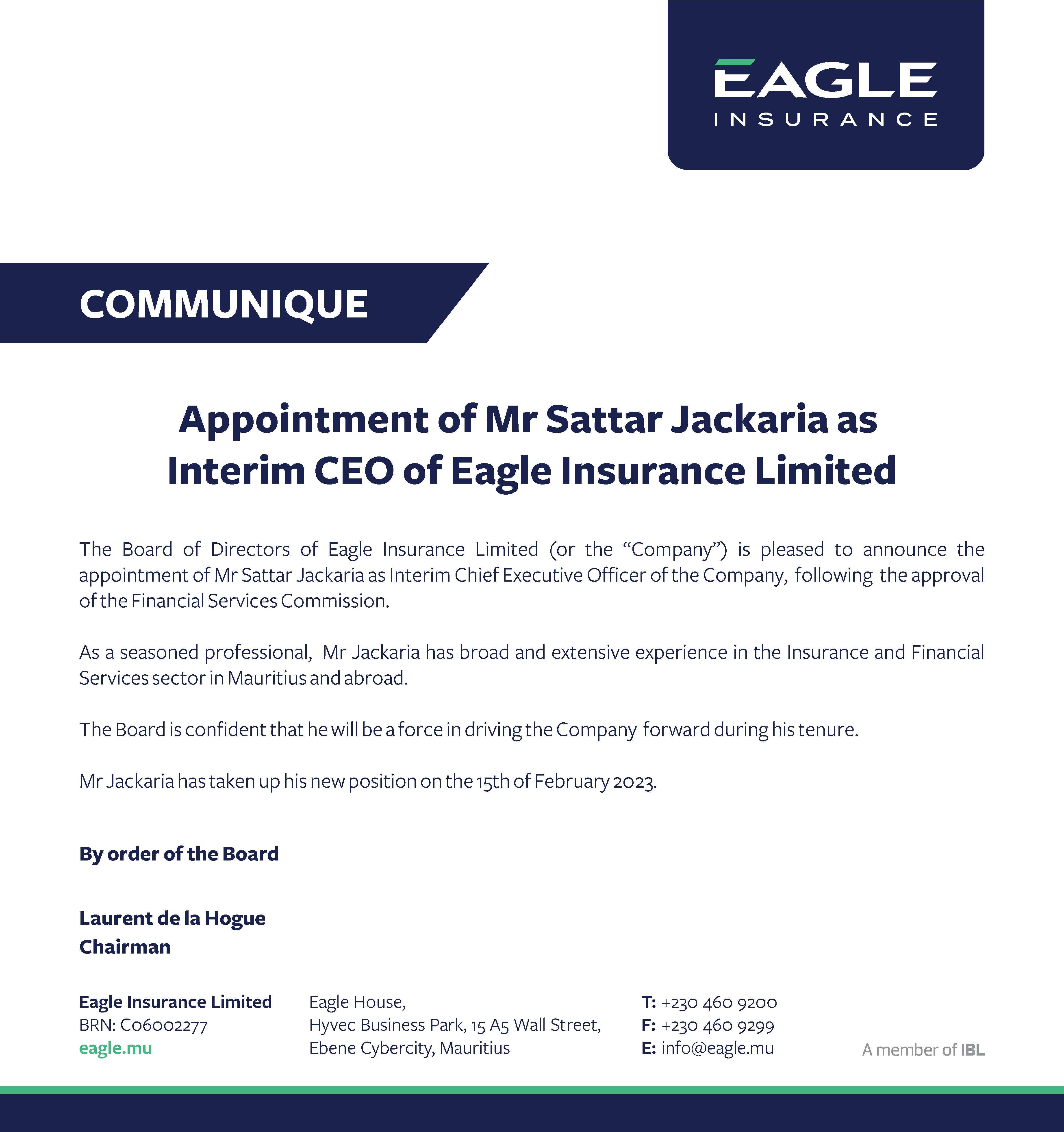 Appointment of Sattar Jackaria as Interim CEO of Eagle Insurance Limited