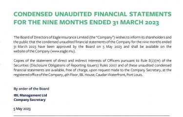 NOTICE - CONDENSED UNAUDITED FINANCIAL STATEMENTS FOR THE NINE MONTHS ENDED 31 MARCH 2023