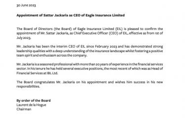 Appointment of Sattar Jackaria as CEO of Eagle Insurance Limited